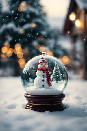 Snowman in a glass ball on a background of a winter landscapeの素材