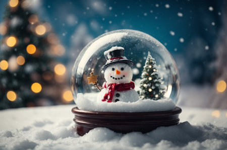 Snowman and Christmas tree in a snow globe with bokeh backgroundの素材