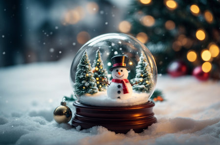 Snow globe with snowman and christmas tree on snow. Christmas background.の素材