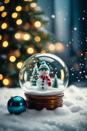 Snow globe with a snowman and christmas tree on background.の素材