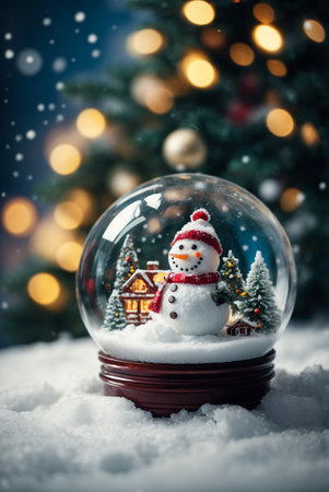 Snow globe with christmas tree and snowman in front of bokeh lightsの素材