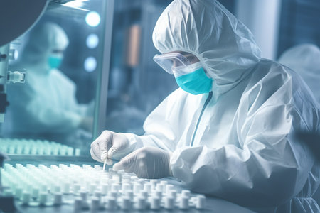 scientist in protective suit and mask working with test tubes in laboratoryの素材