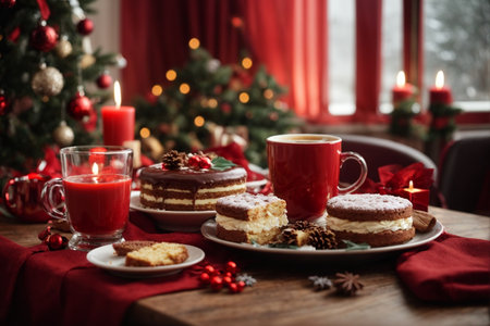 Cup of coffee and cakes on a wooden table with Christmas decorationsの素材