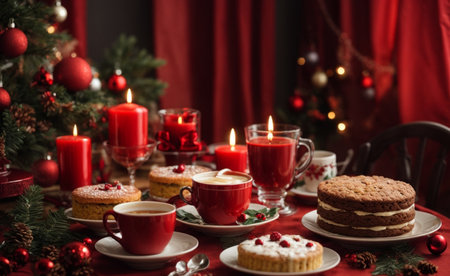 Christmas table setting with cup of coffee, cookies and candles on red backgroundの素材