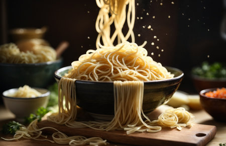 Spaghetti in bowl and ingredients on wooden table, close-upの素材