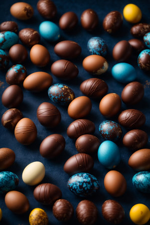 Chocolate Easter eggs on a dark background. Selective focus.の素材