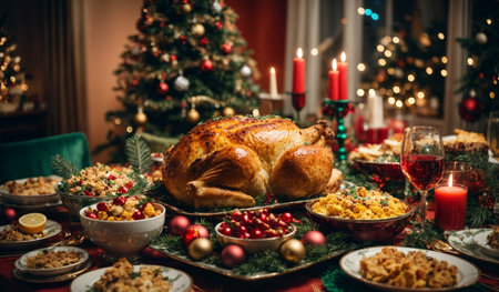 Christmas roasted turkey with cranberries and oranges on rustic wooden tableの素材