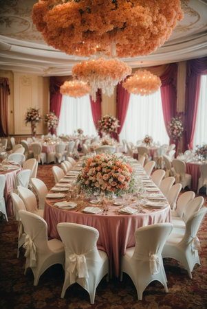 Wedding Banquet Table Decorated with Flowers and Tableclothの素材