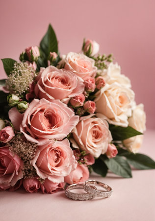 Wedding bouquet of pink and white roses on pink backgroundの素材