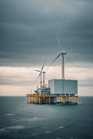 Offshore Wind turbines in the sea with stormy sky background.の素材