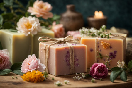 Handmade soap with flowers on a wooden background. Selective focus.の素材