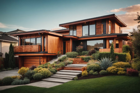 Luxury house exterior design with stairs and beautiful landscaping.の素材