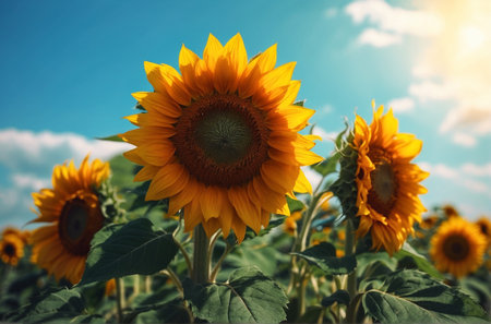Sunflower field with blue sky background. Sunflower blooming in summer.の素材