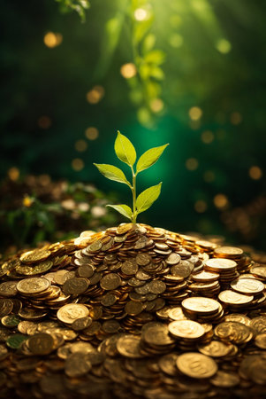 Plant growing on the gold coins with green bokeh backgroundの素材