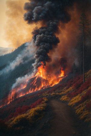Forest fire in the mountains at sunset. The concept of natural disasterの素材