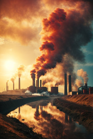 Smoke from the chimneys of a power plant at sunset.の素材