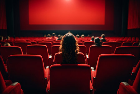 Rear view of a woman sitting in a cinema hall and watching a movieの素材