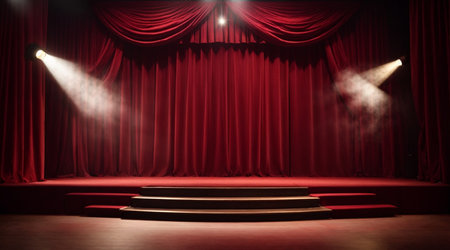 Stage with red curtains and spotlights, 3d render illustration.の素材