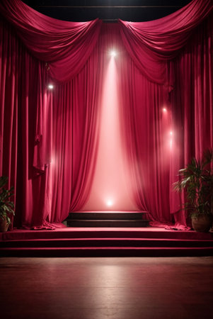 Red stage curtain with spotlight and stairway in the theater. 3d renderingの素材