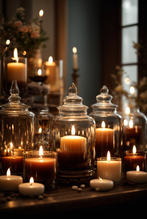 Set of various aromatherapy candles in brown glass bottles. Aromatherapy and relaxation in spa and at home, still life concept.の素材