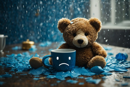 Blue Monday with Paper Rain, Sad teddy bear and mug coffee cries.の素材