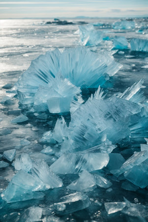 Ice of Lake Baikal, the deepest and largest freshwater lake by volume in the world, located in southern Siberia, Russiaの素材