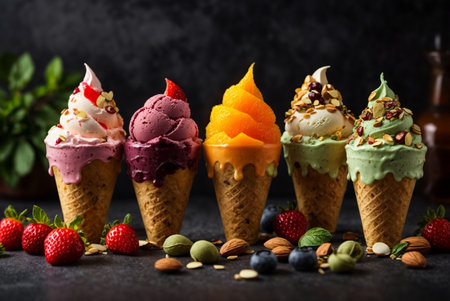 Ice cream cones with fruits, berries and nuts on black stone backgroundの素材