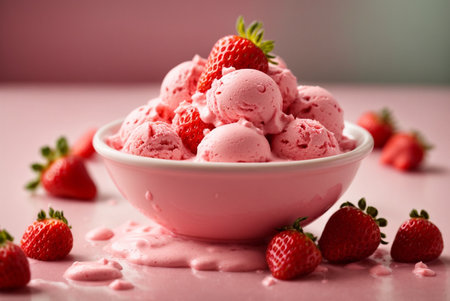 Strawberry ice cream in bowl with fresh strawberries on pink backgroundの素材