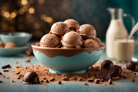 Scoops of chocolate ice cream in a bowl. Selective focus.の素材