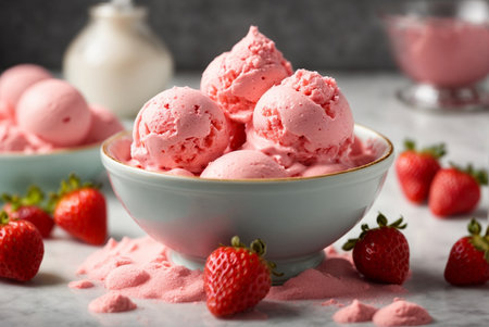 Delicious strawberry ice cream in bowl on grey table, closeupの素材