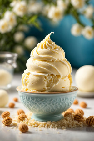 Vanilla ice cream with almonds in a bowl on a white backgroundの素材