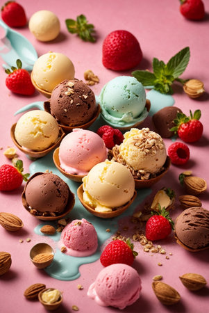 Ice cream scoops with strawberry, raspberry, chocolate and almond.の素材