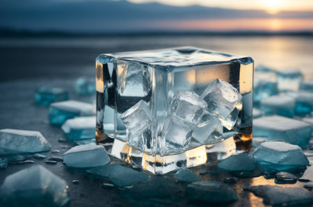 Ice cubes and ice cubes on a frozen lake with sunset in the backgroundの素材