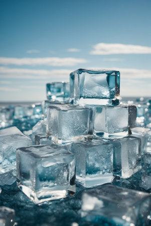 Ice cubes on frozen lake with blue sky and white clouds in backgroundの素材