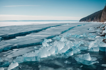 Ice on Lake Baikal in winter, Siberia, Russia.の素材