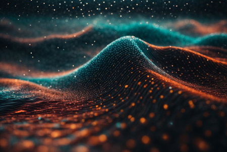 Data technology abstract futuristic illustration. Low poly shape with connecting dots and lines on dark background. 3D rendering. Big data visualization.の素材