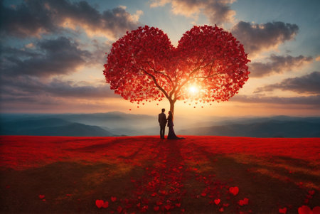 Couple in love holding hands and looking at the heart shaped tree on the red poppy fieldの素材