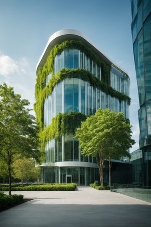 Modern office building with green trees in the city. Architectural backgroundの素材
