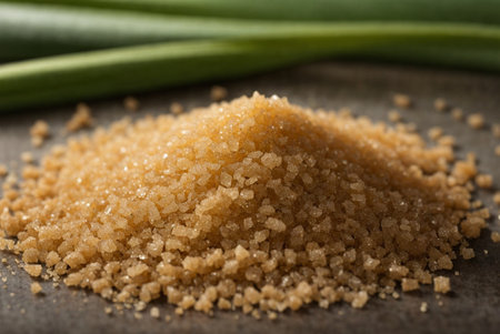 Brown cane sugar on a black background, close-up, horizontalの素材