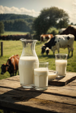 Milk in a glass and a jug on a wooden table against the background of cowsの素材