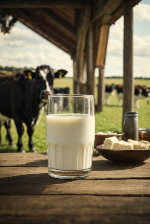 Milk in a glass on the background of a herd of cowsの素材