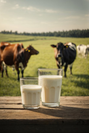 Two glasses of milk on a wooden table against the background of cowsの素材