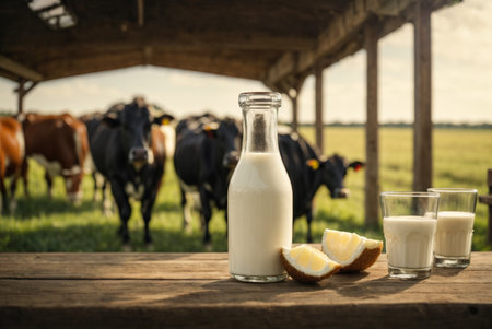 Milk in a bottle and a glass of milk on the background of cowsの素材