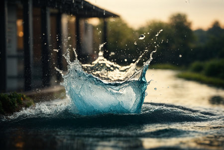 Ice cube with water splash on the background of the house and the riverの素材