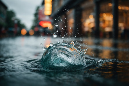 Water splashes on the street in a rainy day. Shallow depth of field.の素材