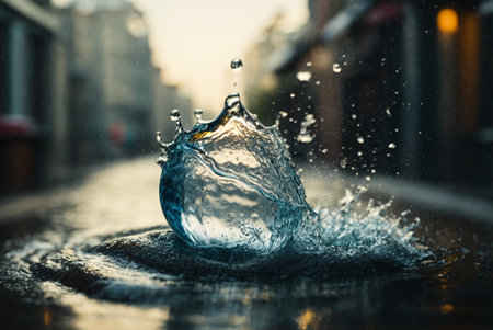 Water splashes in the city. Water drops in the city.の素材