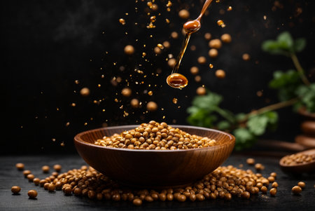 Coriander seeds falling into wooden bowl with soy sauce on black backgroundの素材