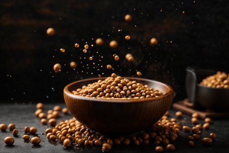 Soybean seeds in wooden bowl and scattered on black background.の素材