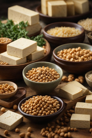 Tofu and soybeans in bowls on wooden table, closeupの素材