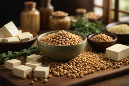 Soybeans in bowl and tofu on wooden table, closeupの素材